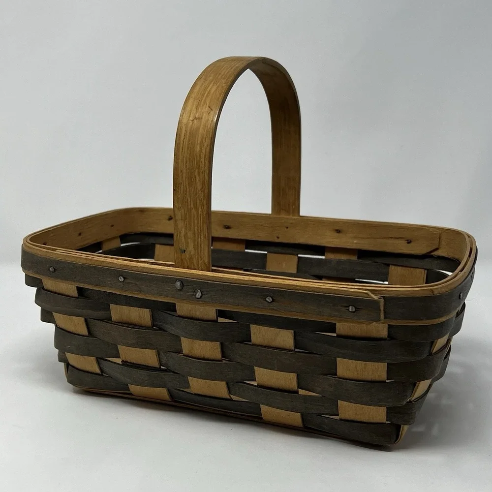 Longaberger Gray Brown Weave Basket 1987 Stationary Handle Gathering Cottage